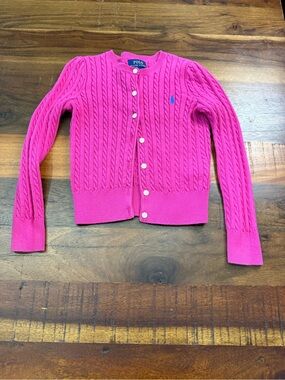 Polo Ralph Lauren Girls Size 6 Pink Cable Knit Cotton Cardigan Sweater Pony